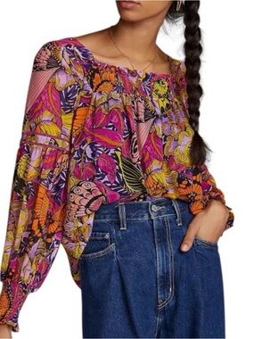 Alexandra Farmer x Anthropologie Puff Sleeve Blouse Butterfly Floral Size Medium